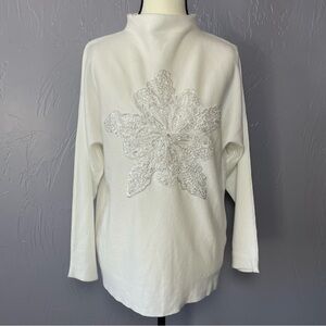 LIV Milano Beaded Flower Eggshell Rhinestone Embellished Crew Neck Sweater